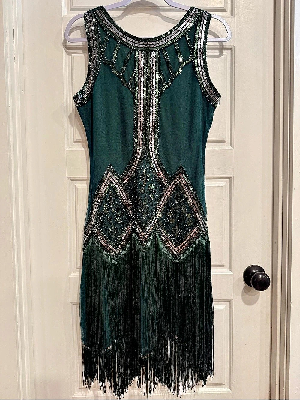 Emerald Green 1920s Style Flapper Dress Sequin Beaded Fringe Gatsby Size Small